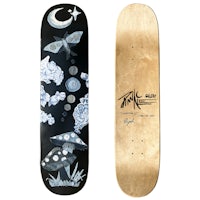 a skateboard with an image of a mushroom and a moon